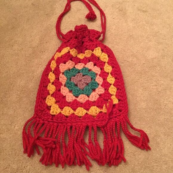 1970's Red Granny Square Handmade Knit Hippie Pouch Handbag - Picture 1 of 4
